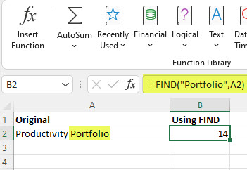 Excel FIND function example.
