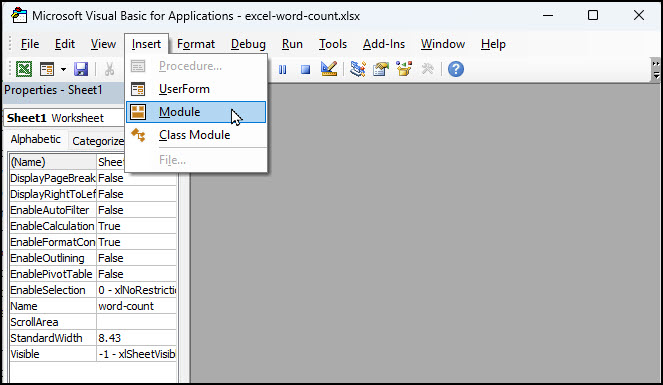 Visual Basic Application editor and menu.